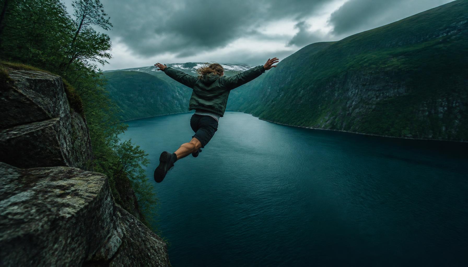 En person som hoppar från en klippa ner i en fjord med armarna utsträckta