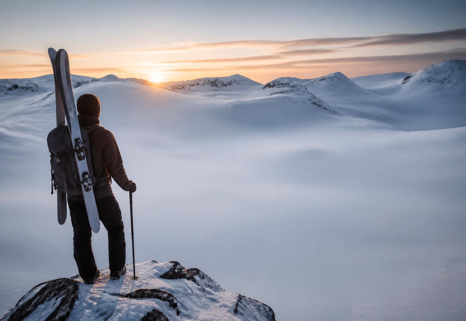 En toppturåkare på en topp framför ett orört snölandskap